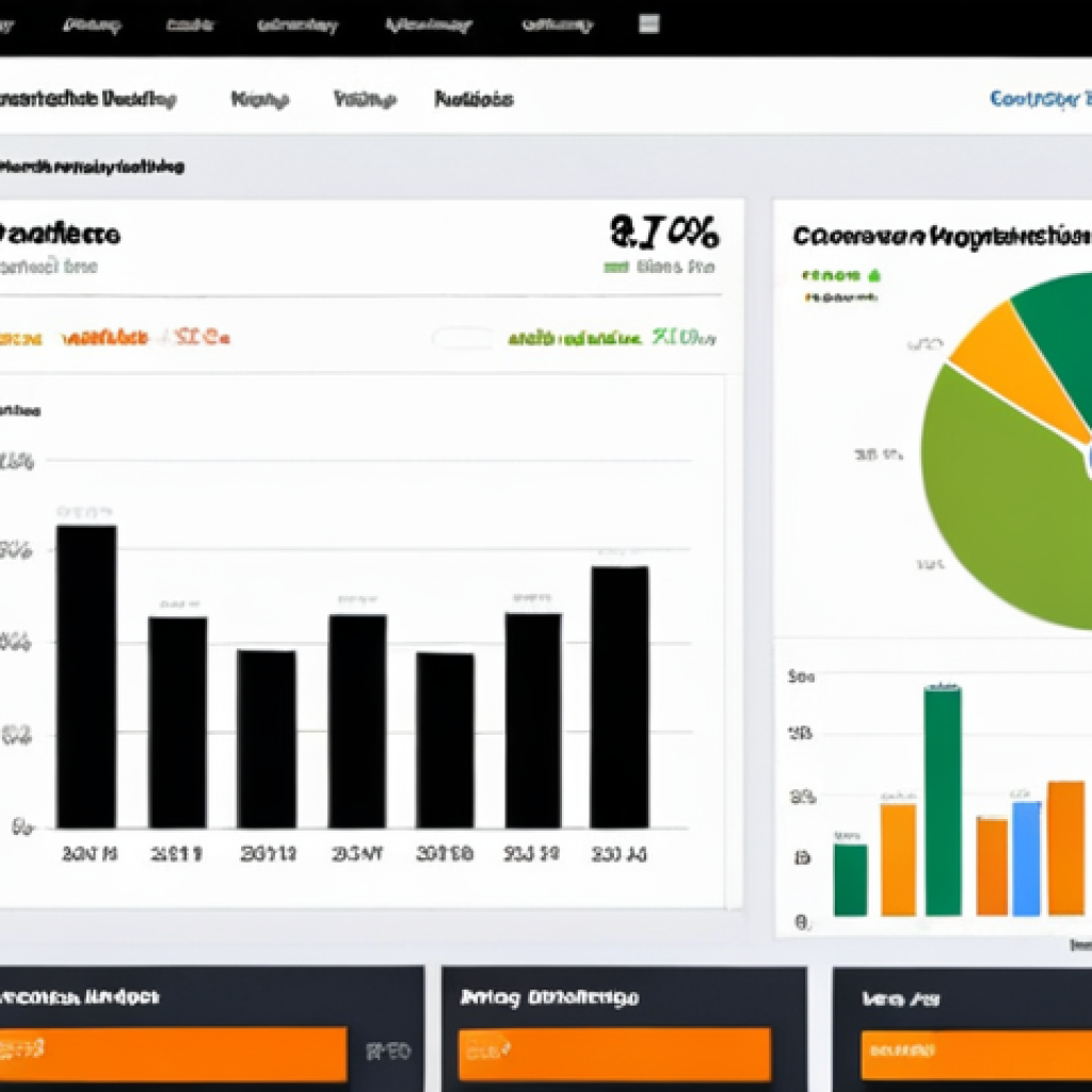 **Website Analytics Dashboard:** A visually appealing dashboard showcasing key website metrics like traffic, conversion rates, and click-through rates, using various charts (line, bar, pie) and organized widgets. The color scheme should be informative and easy to understand.