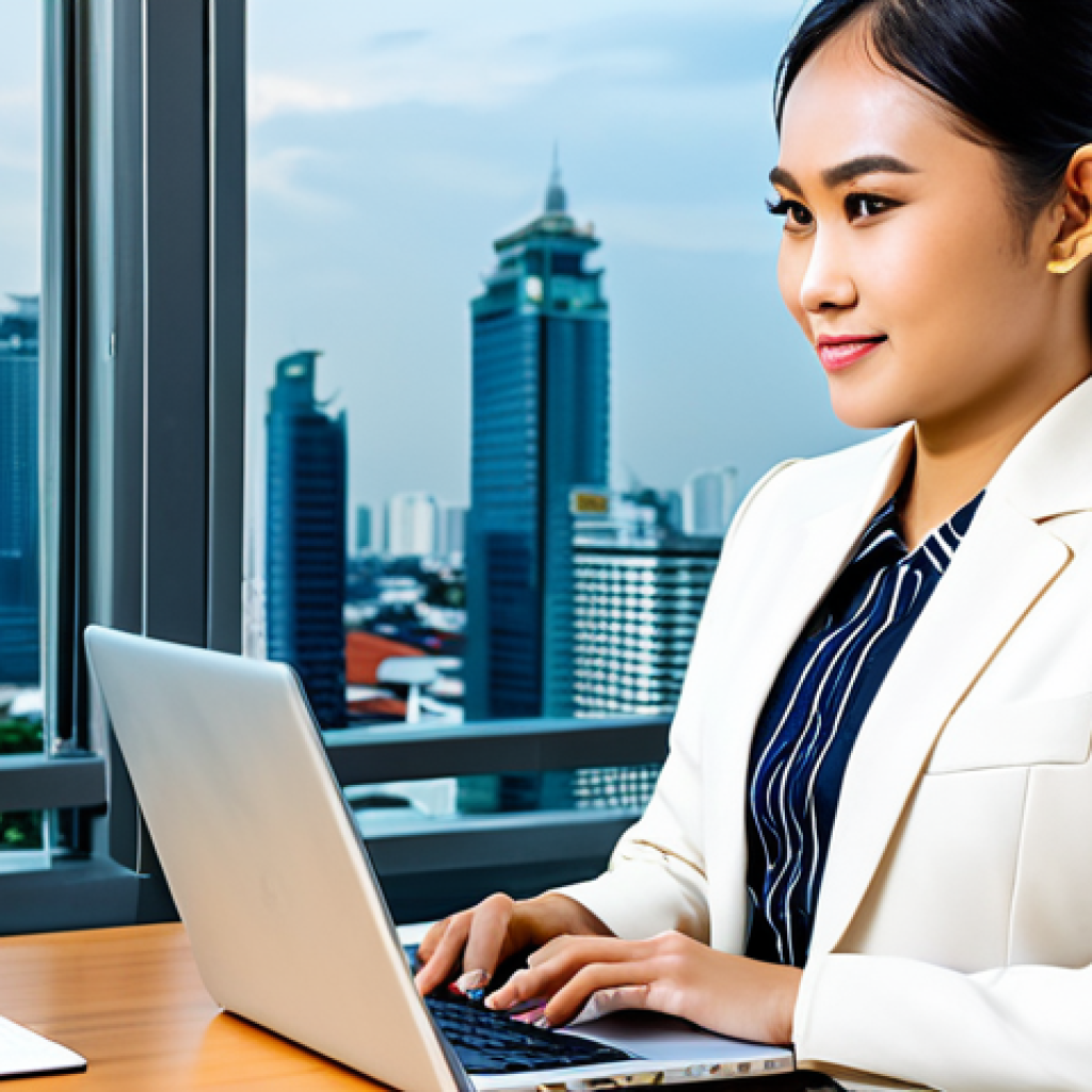 **
A successful Thai businesswoman in a modern, brightly lit office in Bangkok. She is wearing a stylish, modest business suit with a touch of traditional Thai fabric. She's confidently working on a laptop, with a view of the city skyline in the background. The scene emphasizes success and professionalism. Fully clothed, appropriate attire, safe for work, perfect anatomy, natural proportions, professional photography, high quality, family-friendly.
**