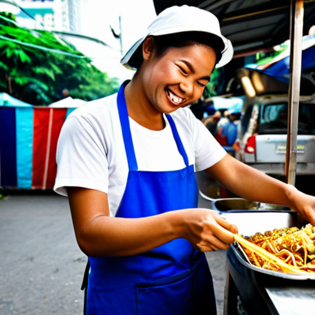 Startup Phase - Building a Customer Base**
"A vibrant street food vendor in Bangkok, Thailand, serving Pad Thai from a colorful food stall. The vendor is engaging with customers, smiling and handing over freshly cooked noodles. Focus on the energy and activity of the street scene. Fully clothed, appropriate attire, safe for work, perfect anatomy, natural proportions, professional photography, high quality, family-friendly."
**