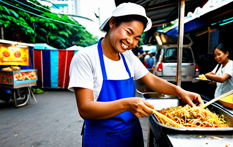 Startup Phase - Building a Customer Base**

"A vibrant street food vendor in Bangkok, Thailand, serving Pad Thai from a colorful food stall. The vendor is engaging with customers, smiling and handing over freshly cooked noodles. Focus on the energy and activity of the street scene. Fully clothed, appropriate attire, safe for work, perfect anatomy, natural proportions, professional photography, high quality, family-friendly."

**
