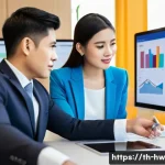 최적 성장 구간을 위한 실적 분석 - A modern office setting in Bangkok with a diverse Thai business team gathered around a large digital...