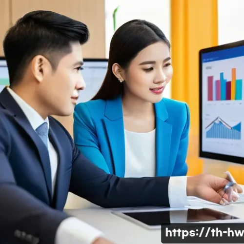 최적 성장 구간을 위한 실적 분석 - A modern office setting in Bangkok with a diverse Thai business team gathered around a large digital...