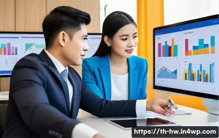 최적 성장 구간을 위한 실적 분석 - A modern office setting in Bangkok with a diverse Thai business team gathered around a large digital...