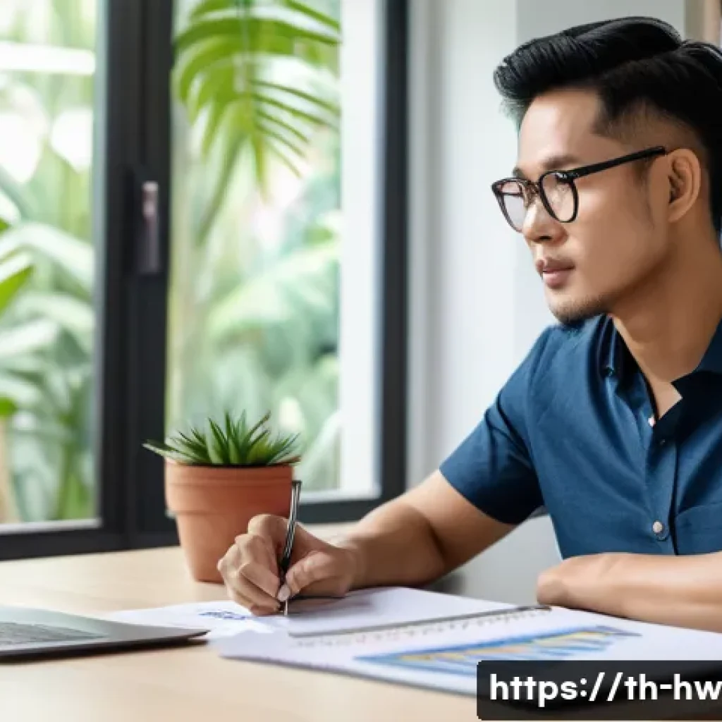 최적 성장 구간의 시사점 - A professional Thai man in his 30s sitting at a modern home office desk, using a laptop and digital ...
