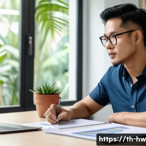 최적 성장 구간의 시사점 - A professional Thai man in his 30s sitting at a modern home office desk, using a laptop and digital ...