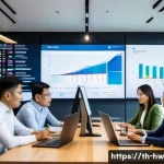 성장 구간 파악을 위한 경쟁업체 분석 - A detailed business meeting scene in a modern Thai office, featuring diverse professionals analyzing...