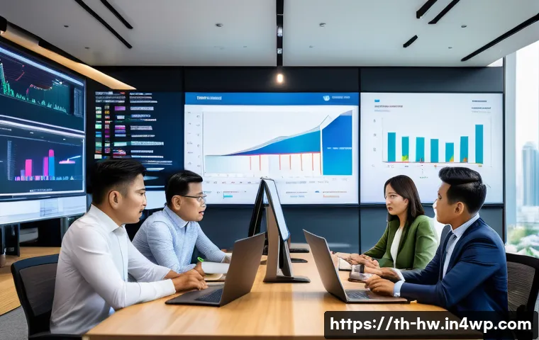 성장 구간 파악을 위한 경쟁업체 분석 - A detailed business meeting scene in a modern Thai office, featuring diverse professionals analyzing...