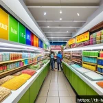 Home 22 매출 성장 분석을 통한 구간 파악 - A modern Thai retail store interior during a festive season, vibrant decorations reflecting Songkran...