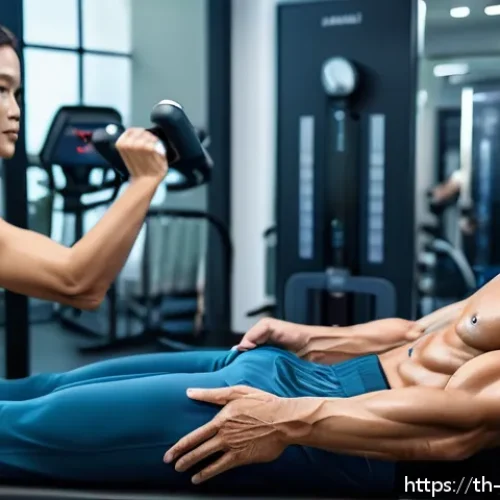 Home 32 성장 구간 변화 추적을 위한 기술 활용 - A modern fitness clinic interior showcasing a professional using advanced digital muscle strength an...