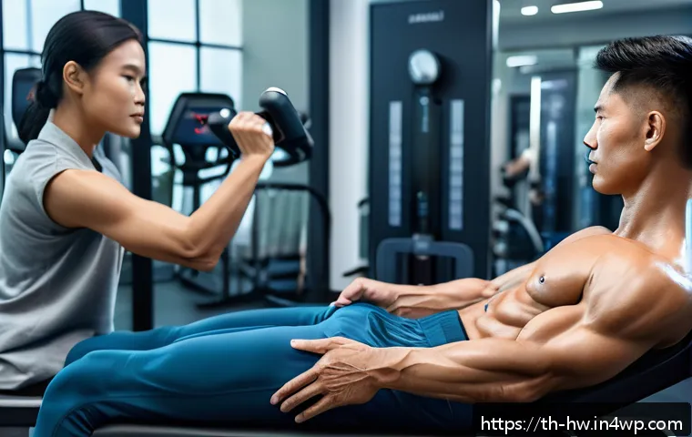 성장 구간 변화 추적을 위한 기술 활용 - A modern fitness clinic interior showcasing a professional using advanced digital muscle strength an...