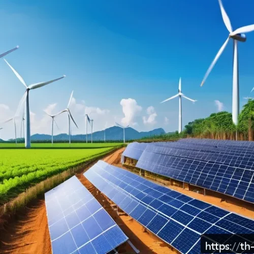 Home 31 산업별 성장률 분석 가이드 - A modern solar and wind energy farm in Southeast Asia, featuring sleek solar panels and large wind t...