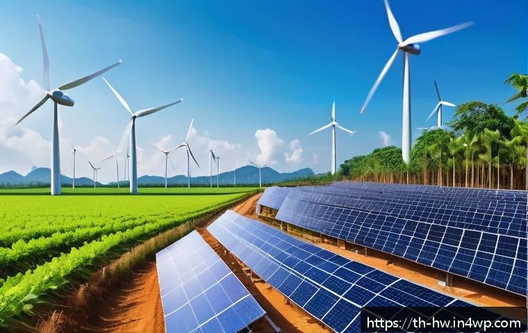 산업별 성장률 분석 가이드 - A modern solar and wind energy farm in Southeast Asia, featuring sleek solar panels and large wind t...